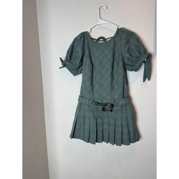 Free People Dress Womens XS Green Plaid Puff Sleeve Pleated Mini Belted Pockets Free People Dress Womens XS Green Plaid Puff Sleeve Pleated Mini Belted Pockets
